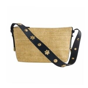 Madewell Sun Medallion Straw Shoulder Bag Natural Black Leather